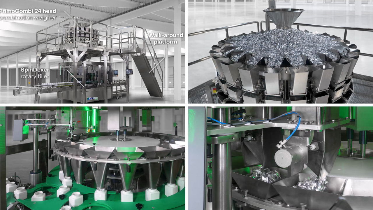 High Speed Rigid Container Weigh Filling System with PrimoCombi Spindexer HS - WeighPack Systems